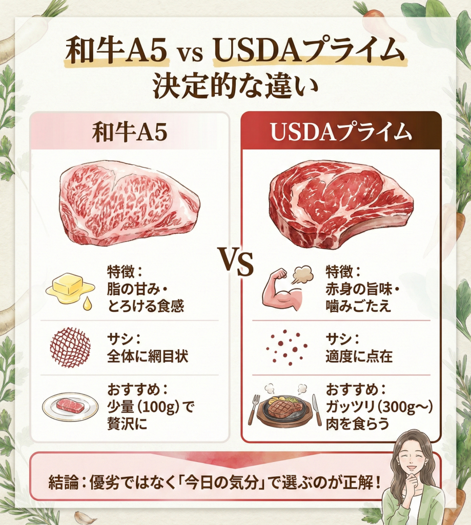 和牛A5とUSDAプライムビーフの比較図解。和牛は脂の甘みととろける食感、プライムは赤身の旨味と噛みごたえが特徴。