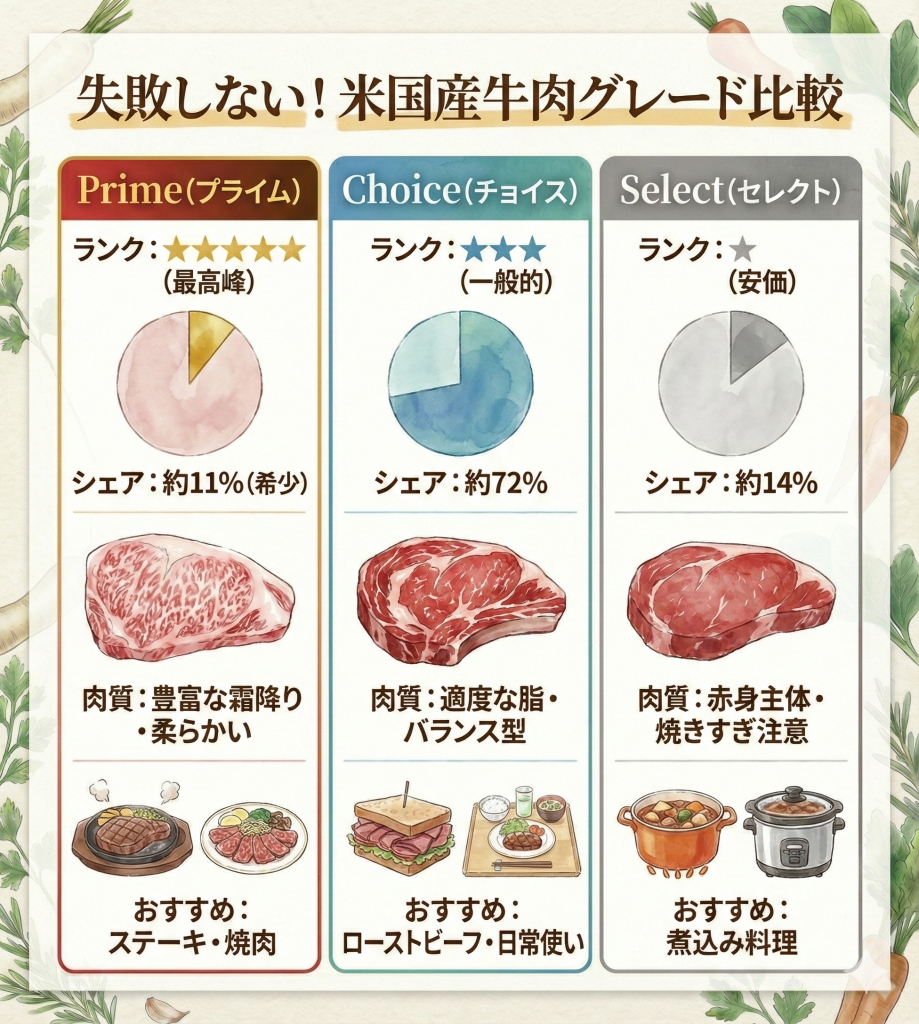アメリカ産牛肉の等級（Prime, Choice, Select）比較表。Primeは霜降りが豊富でステーキ向き、Choiceはバランス型、Selectは赤身主体で煮込み向き。