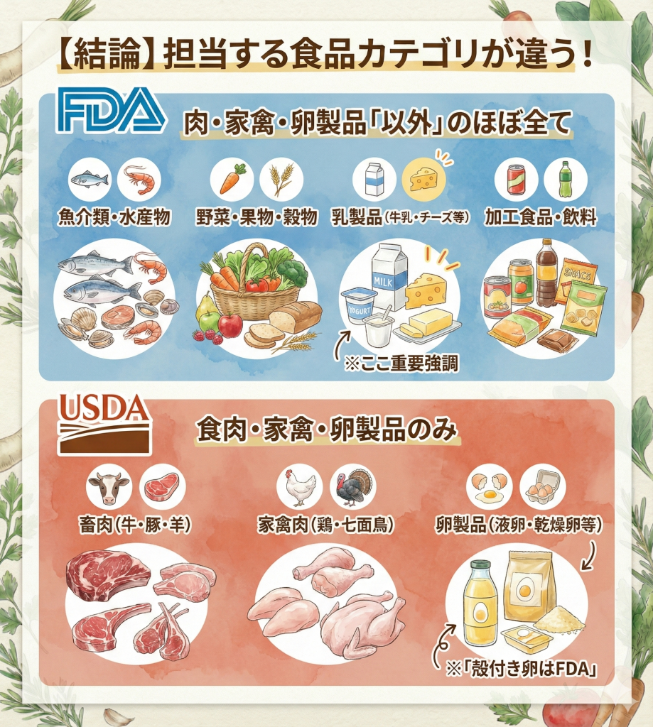 FDAとUSDAの管轄食品カテゴリの違いのまとめ図。FDAは魚介、野菜、乳製品など、USDAは食肉、家禽、卵製品を管轄する。