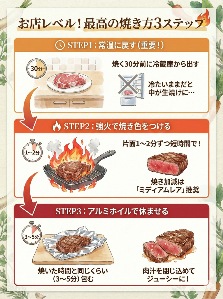 家庭でプライムビーフを美味しく焼く3つの手順。常温に戻し、強火で焼き色をつけ、アルミホイルで休ませることで肉汁を閉じ込める。