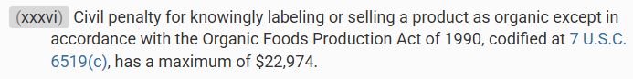米国連邦法典（eCFR）における有機食品生産法違反に対する民事制裁金の規定
