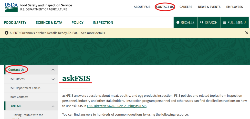 USDA FSISの公式問い合わせ窓口「askFSIS」のWebページ