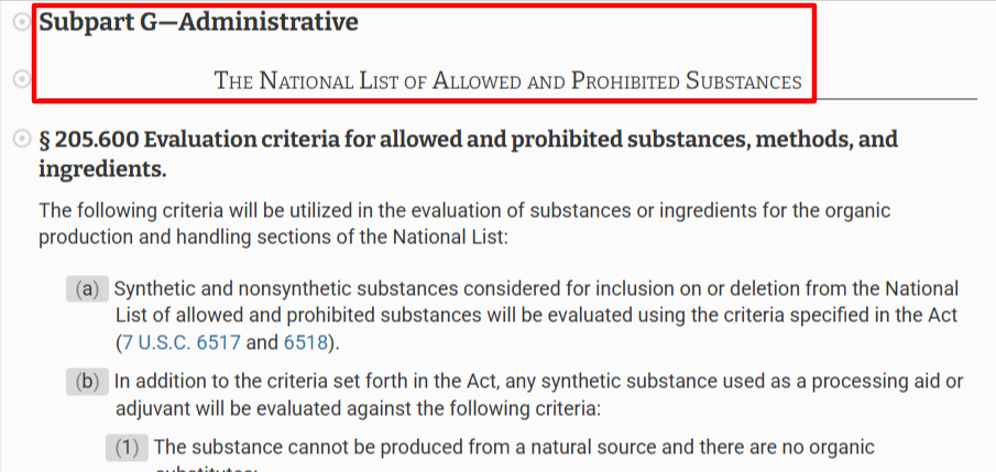 米国連邦規制（CFR）に定められた有機生産における許可・禁止物質の国家リスト